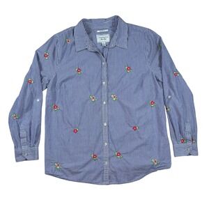Charter Club Blue Stripe Embroidered Floral Button Down Relaxed Fit Women 12